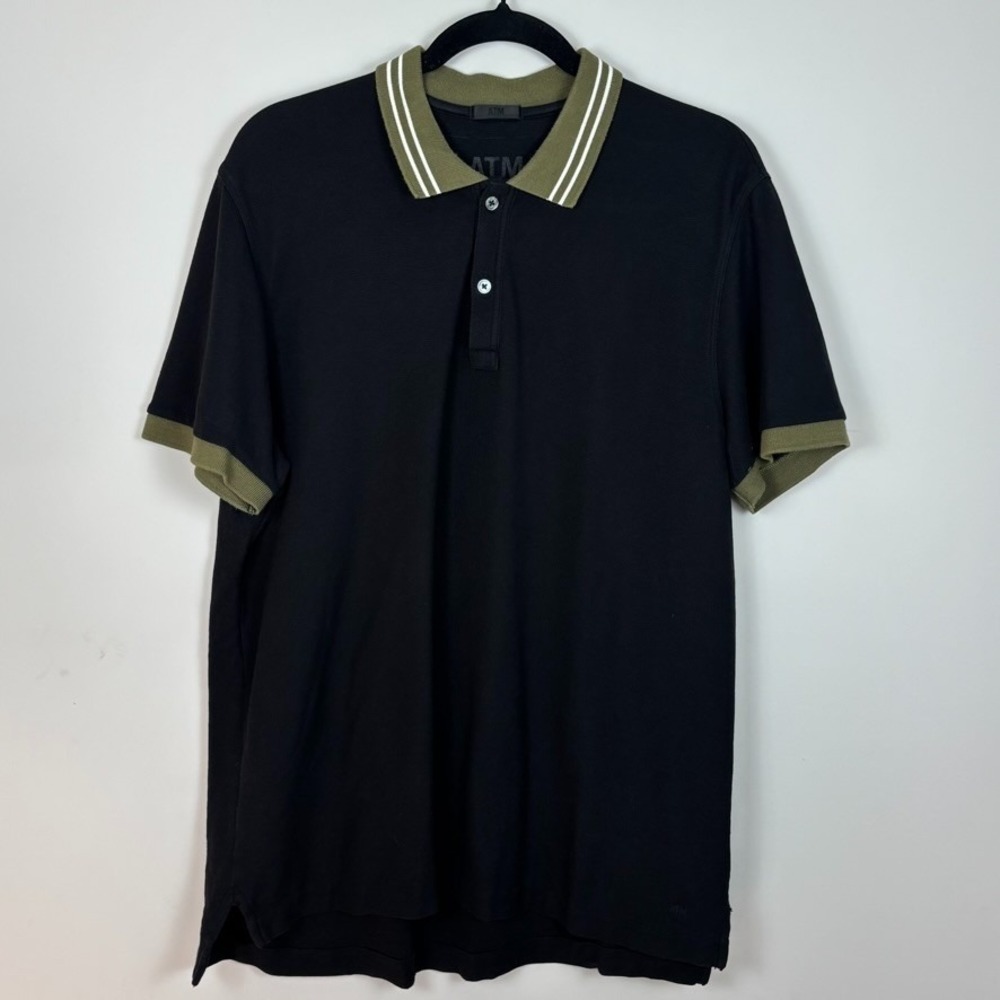 ATM Pima Cotton‎ Pique Polo Mens Short Sleeve Black Green Collar Shirt SZ Large